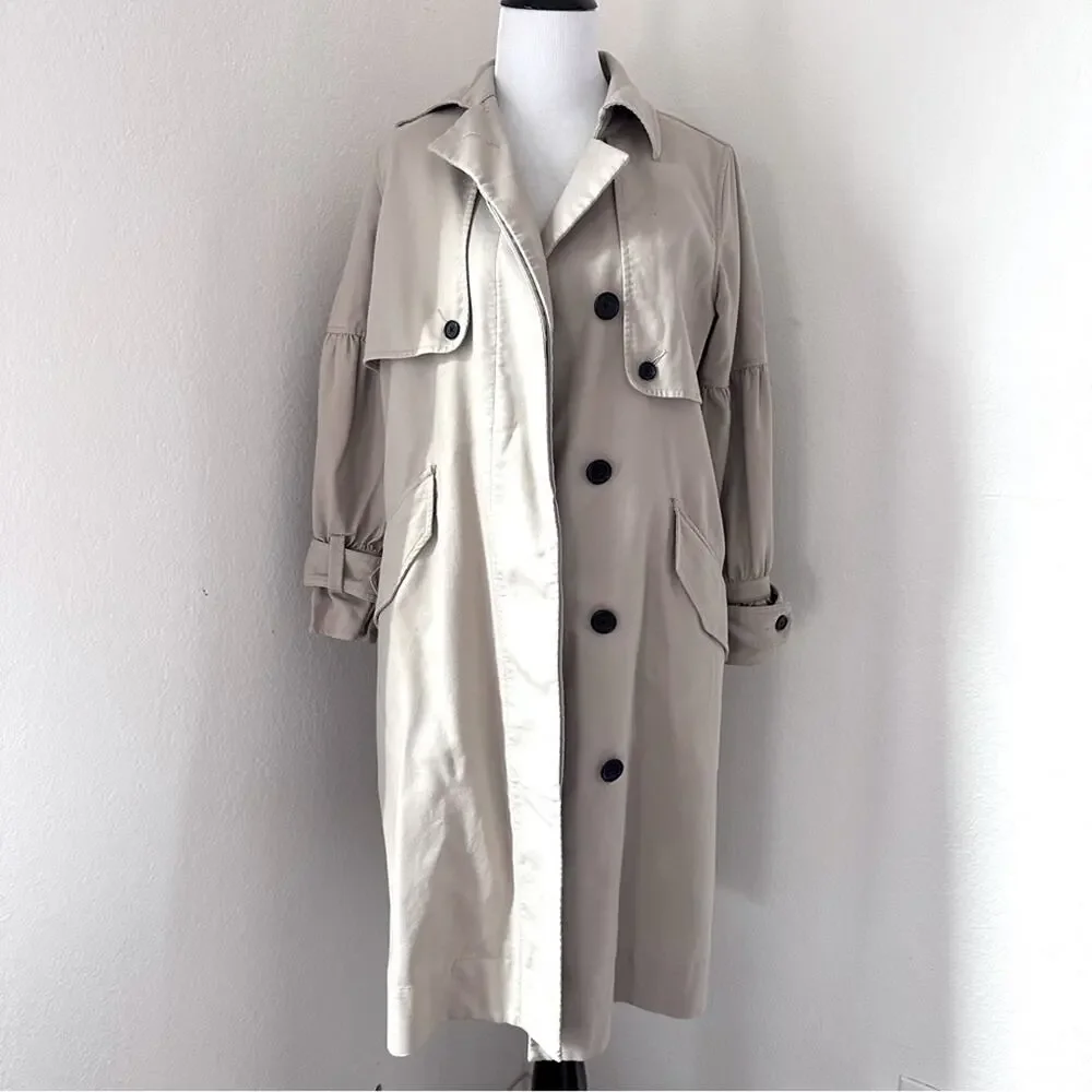 Joie Puff Sleeve Cotton Trench Coat Jacket Classic Beige Long Button-Front - Picture 2 of 14